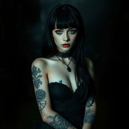 A gothic girl with striking tattoos on her arms and body, showcasing her unique style and boldness