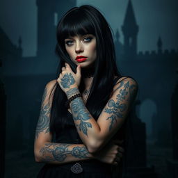 A gothic girl with striking tattoos on her arms and body, showcasing her unique style and boldness