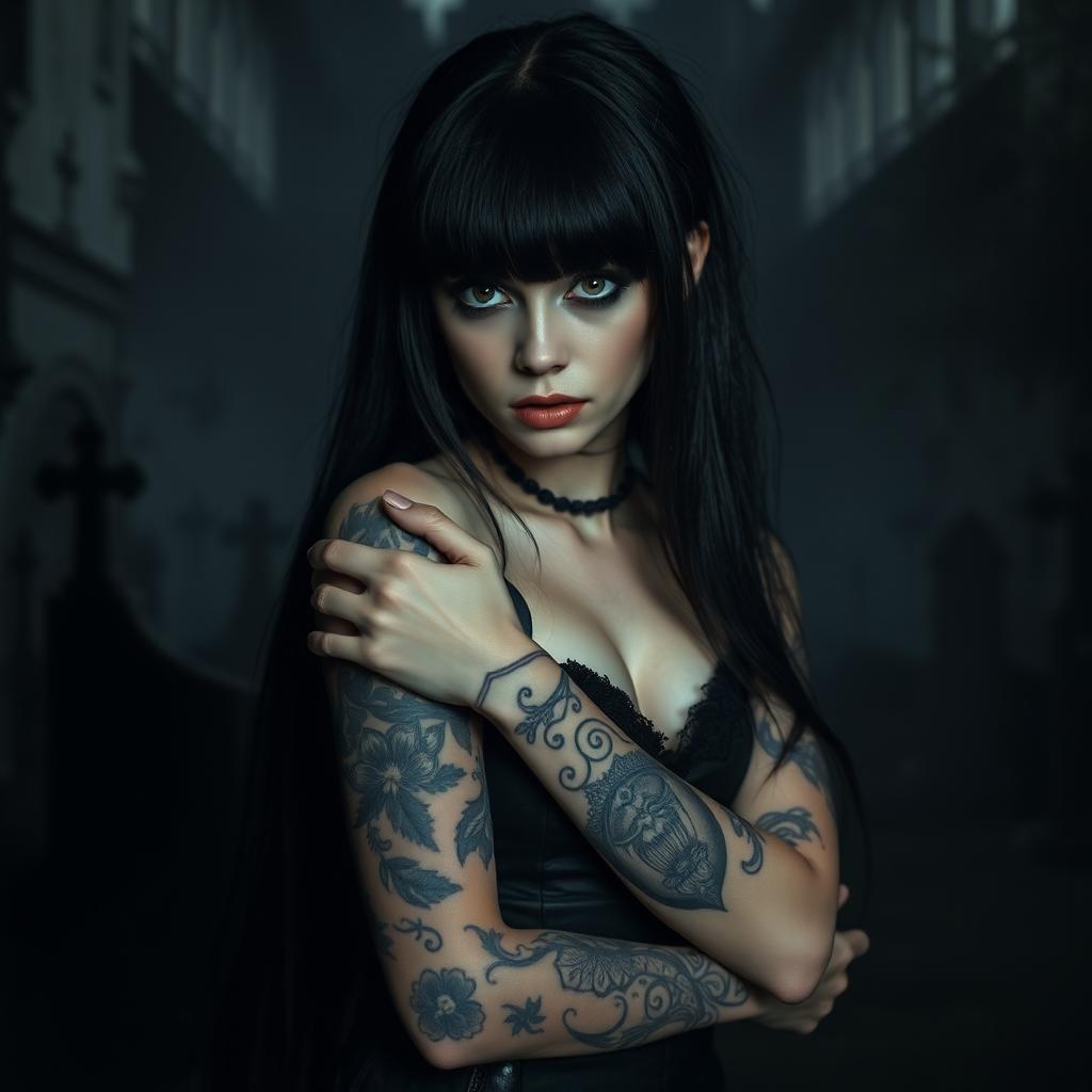 A gothic girl with striking tattoos on her arms and body, showcasing her unique style and boldness