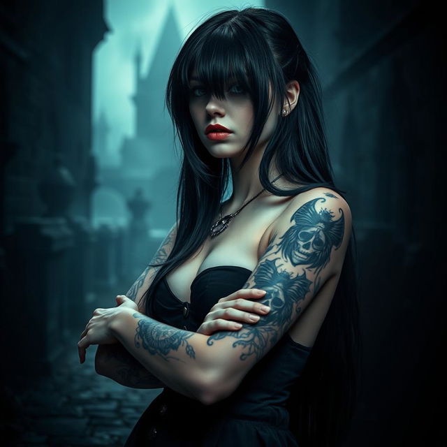 A gothic girl with striking tattoos on her arms and body, showcasing her unique style and boldness