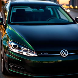 A stylish dark green 2016 Volkswagen Golf with a sleek black hood, parked in an urban setting