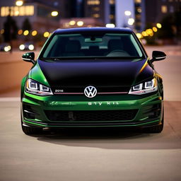 A stylish dark green 2016 Volkswagen Golf with a sleek black hood, parked in an urban setting