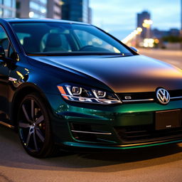 A stylish dark green 2016 Volkswagen Golf with a sleek black hood, parked in an urban setting