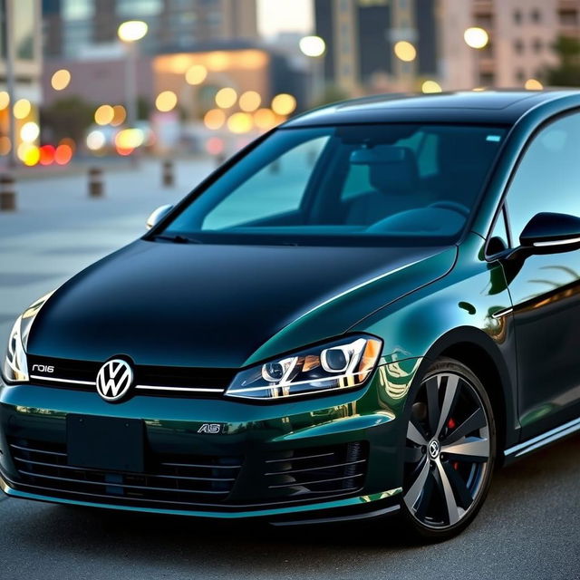 A stylish dark green 2016 Volkswagen Golf with a sleek black hood, parked in an urban setting