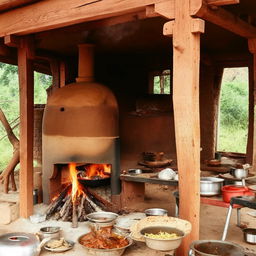 A traditional Gavran style Dhaba (roadside eatery) in rural India with rustic wooden furniture, a clay oven, and pots of spicy food cooking over an open fire.