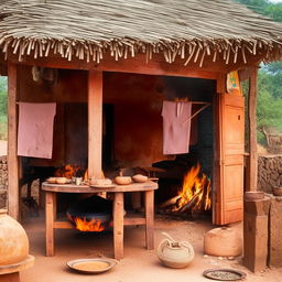 A traditional Gavran style Dhaba (roadside eatery) in rural India with rustic wooden furniture, a clay oven, and pots of spicy food cooking over an open fire.