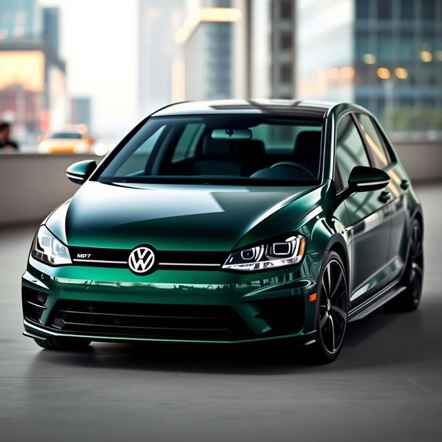 A striking dark green Mk7 Volkswagen Golf featuring a glossy black hood, displayed in a modern urban environment