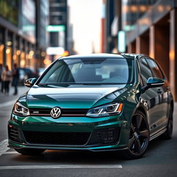 A striking dark green Mk7 Volkswagen Golf featuring a glossy black hood, displayed in a modern urban environment