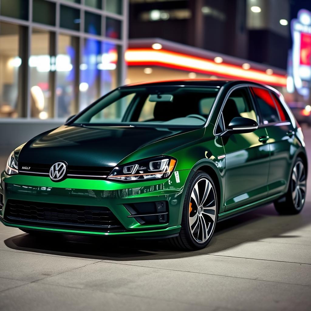 A striking dark green Mk7 Volkswagen Golf featuring a glossy black hood, displayed in a modern urban environment