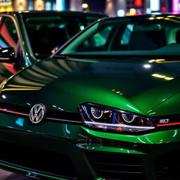 A striking dark green Mk7 Volkswagen Golf featuring a glossy black hood, displayed in a modern urban environment