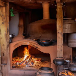 A traditional Gavran style Dhaba (roadside eatery) in rural India with rustic wooden furniture, a clay oven, and pots of spicy food cooking over an open fire.