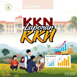 A visually appealing cover page for a KKN (Kuliah Kerja Nyata) report, featuring a blend of academic and community service elements