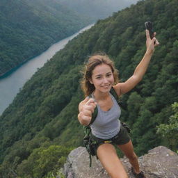 A girl mountain climber taking a selfie at the edge of a cliff, surrounded by lush green trees, basking in the beautiful ambience of the late afternoon