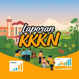 A visually appealing cover page for a KKN (Kuliah Kerja Nyata) report, featuring a blend of academic and community service elements