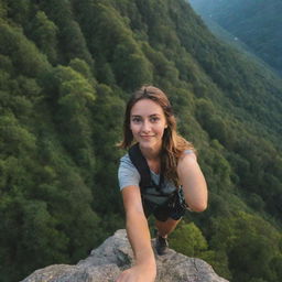 A girl mountain climber taking a selfie at the edge of a cliff, surrounded by lush green trees, basking in the beautiful ambience of the late afternoon