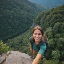 A girl mountain climber taking a selfie at the edge of a cliff, surrounded by lush green trees, basking in the beautiful ambience of the late afternoon