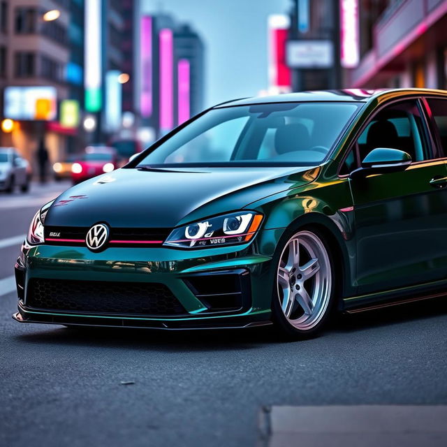 An eye-catching dark green Mk7 Volkswagen Golf featuring a striking black hood, custom white wheels, and an aggressive body kit