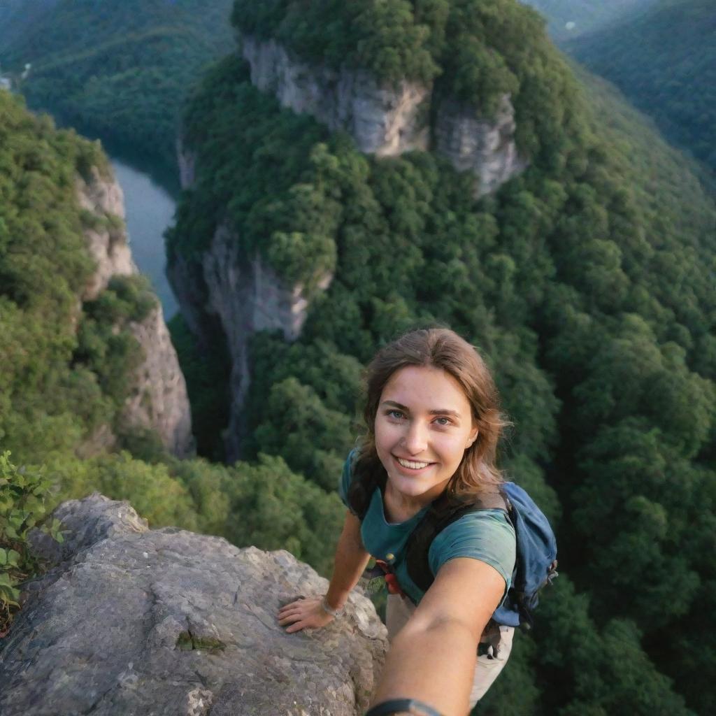 A girl mountain climber taking a selfie at the edge of a cliff, surrounded by lush green trees, basking in the beautiful ambience of the late afternoon