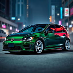 An eye-catching dark green Mk7 Volkswagen Golf featuring a striking black hood, custom white wheels, and an aggressive body kit