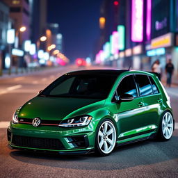 An eye-catching dark green Mk7 Volkswagen Golf featuring a striking black hood, custom white wheels, and an aggressive body kit