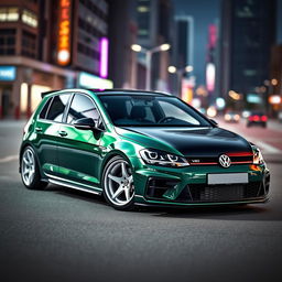 An eye-catching dark green Mk7 Volkswagen Golf featuring a striking black hood, custom white wheels, and an aggressive body kit