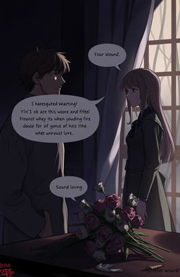 A poignant scene depicting two characters from a story titled 'Bound Wound'