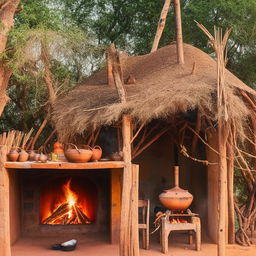 A traditional Gavran style Dhaba (roadside eatery) in rural India with rustic wooden furniture, a clay oven, and pots of spicy food cooking over an open fire.