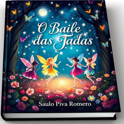 A magical book cover for 'O Baile das Fadas' by Saulo Piva Romero, designed for a children's audience