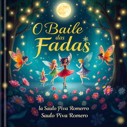A magical book cover for 'O Baile das Fadas' by Saulo Piva Romero, designed for a children's audience