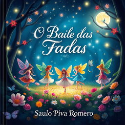 A magical book cover for 'O Baile das Fadas' by Saulo Piva Romero, designed for a children's audience