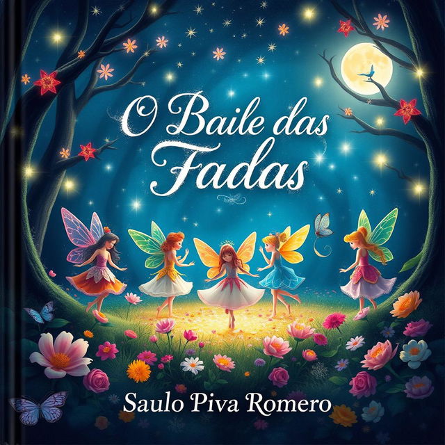 A magical book cover for 'O Baile das Fadas' by Saulo Piva Romero, designed for a children's audience