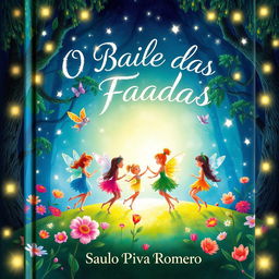 A magical book cover for 'O Baile das Fadas' by Saulo Piva Romero, designed for a children's audience