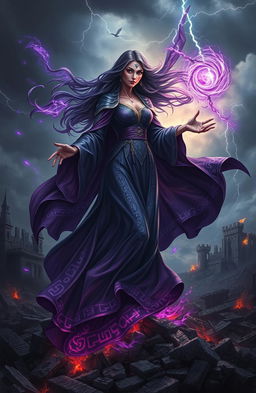 An ancient and powerful sorceress rising from the ashes of a fallen kingdom, surrounded by dark swirling magic and remnants of destruction