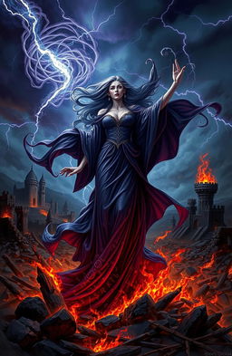 An ancient and powerful sorceress rising from the ashes of a fallen kingdom, surrounded by dark swirling magic and remnants of destruction