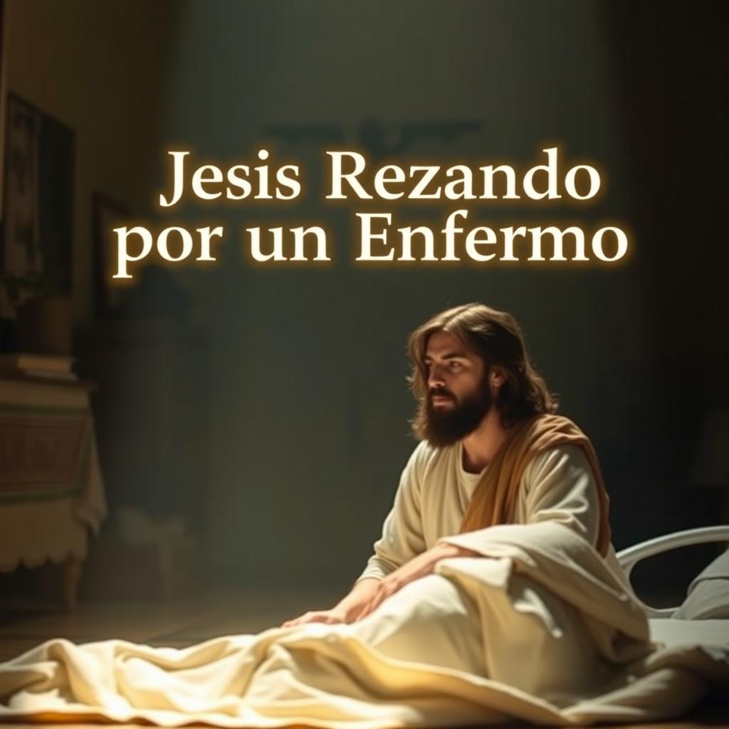 A captivating and emotionally charged image for a YouTube video thumbnail titled 'Jesús Rezando por un Enfermo'