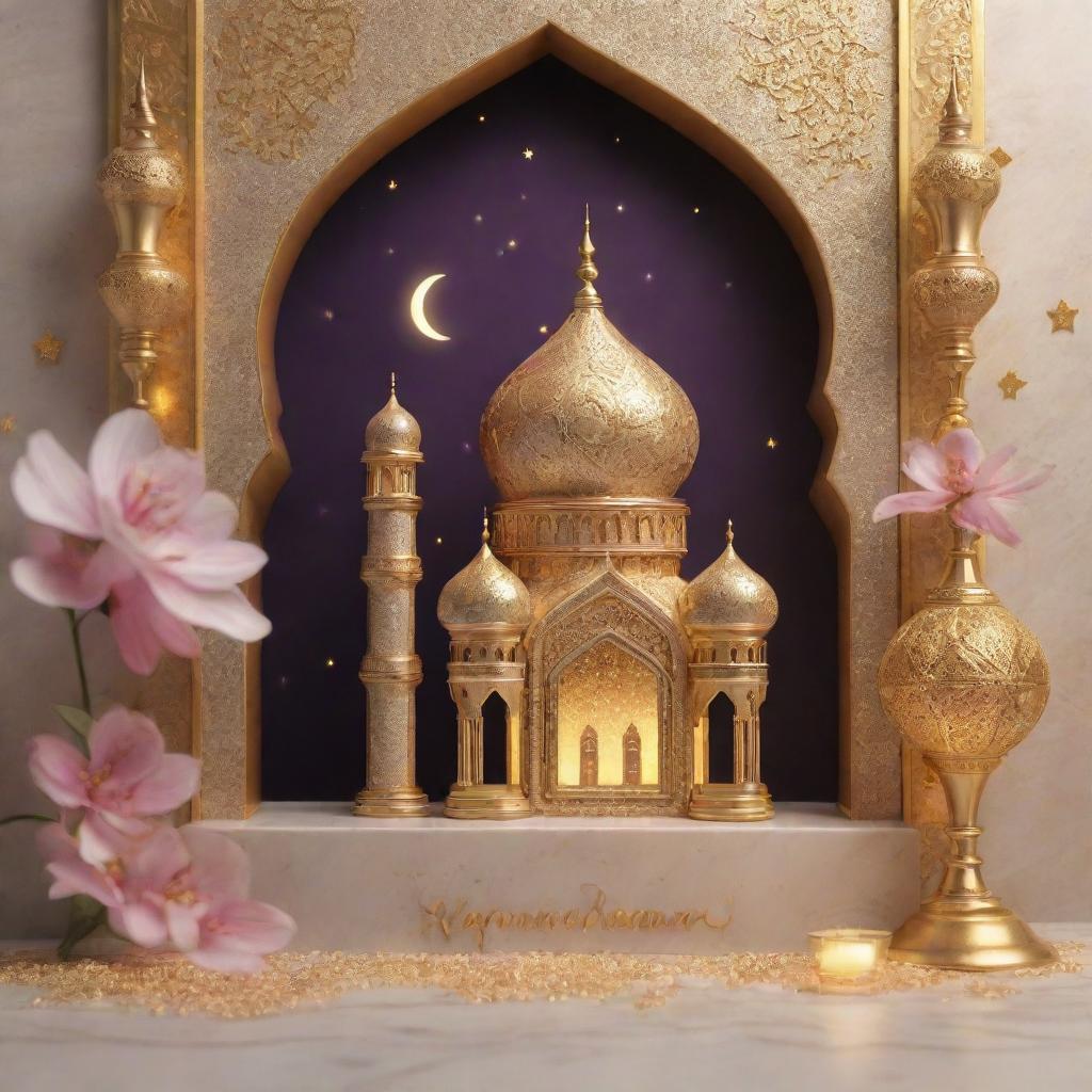 3D text 'RAMADAN Kareem' in a glittering golden style on a backdrop of a beautifully lit mosque and Arabian lamp