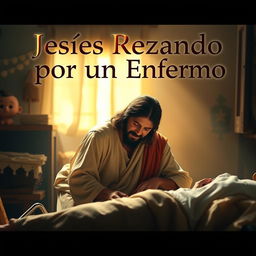 A captivating and emotionally charged image for a YouTube video thumbnail titled 'Jesús Rezando por un Enfermo'