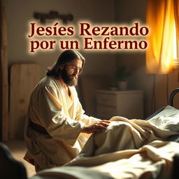 A captivating and emotionally charged image for a YouTube video thumbnail titled 'Jesús Rezando por un Enfermo'