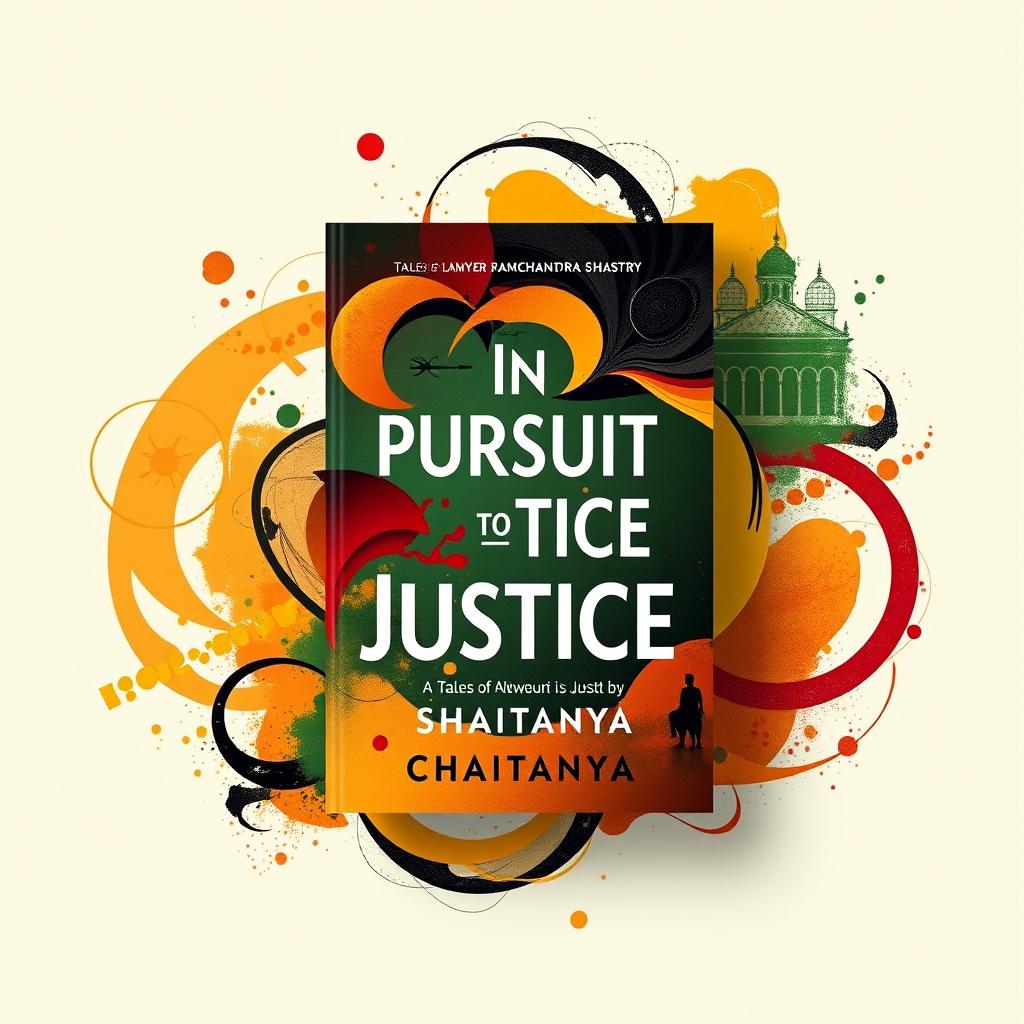 A visually striking book cover for the novel 'In Pursuit of Justice: Tales of Lawyer Ramachandra Shastry' by CHAITANYA, designed using abstract art