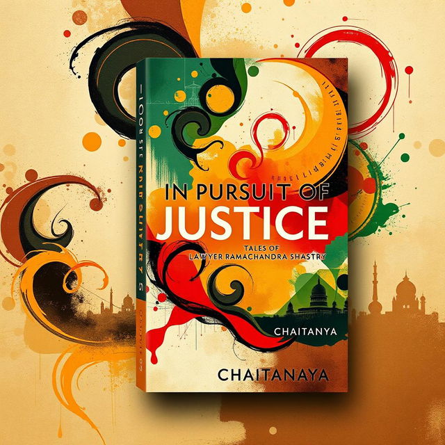 A visually striking book cover for the novel 'In Pursuit of Justice: Tales of Lawyer Ramachandra Shastry' by CHAITANYA, designed using abstract art