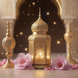 3D text 'RAMADAN Kareem' in a glittering golden style on a backdrop of a beautifully lit mosque and Arabian lamp