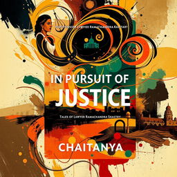 A visually striking book cover for the novel 'In Pursuit of Justice: Tales of Lawyer Ramachandra Shastry' by CHAITANYA, designed using abstract art