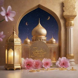 3D text 'RAMADAN Kareem' in a glittering golden style on a backdrop of a beautifully lit mosque and Arabian lamp