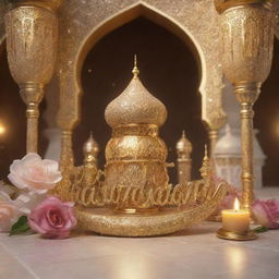 3D text 'RAMADAN Kareem' in a glittering golden style on a backdrop of a beautifully lit mosque and Arabian lamp