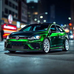 A dark green MK7 Volkswagen Golf featuring a sleek black hood, striking white wheels, and an impressive body kit that enhances its sporty look