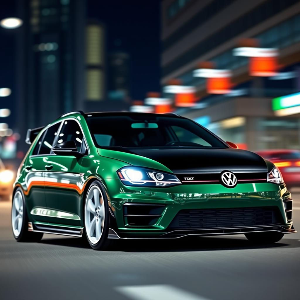 A dark green MK7 Volkswagen Golf featuring a sleek black hood, striking white wheels, and an impressive body kit that enhances its sporty look