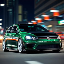 A dark green MK7 Volkswagen Golf featuring a sleek black hood, striking white wheels, and an impressive body kit that enhances its sporty look