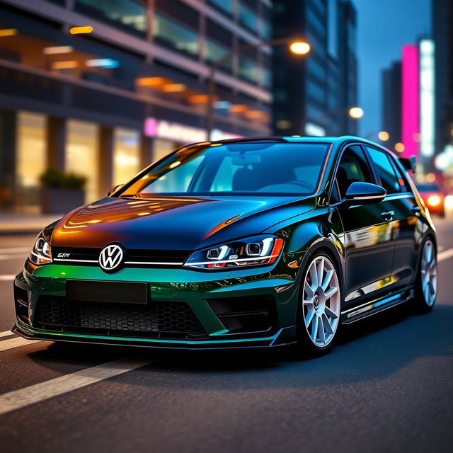 A dark green MK7 Volkswagen Golf featuring a sleek black hood, striking white wheels, and an impressive body kit that enhances its sporty look