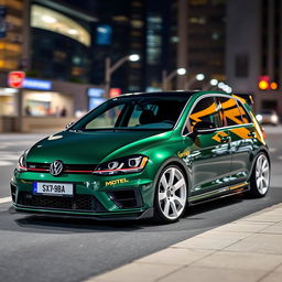 A dark green MK7 Volkswagen Golf featuring a sleek black hood, striking white wheels, and an impressive body kit that enhances its sporty look