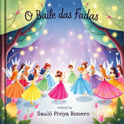 A whimsical book cover for a children's book titled 'O Baile das Fadas' by Saulo Piva Ronero